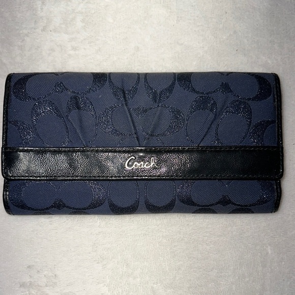 Coach Signature Ashley Navy Blue Shimmer Sparkle Snap Closure Full Size Wallet - Picture 1 of 10